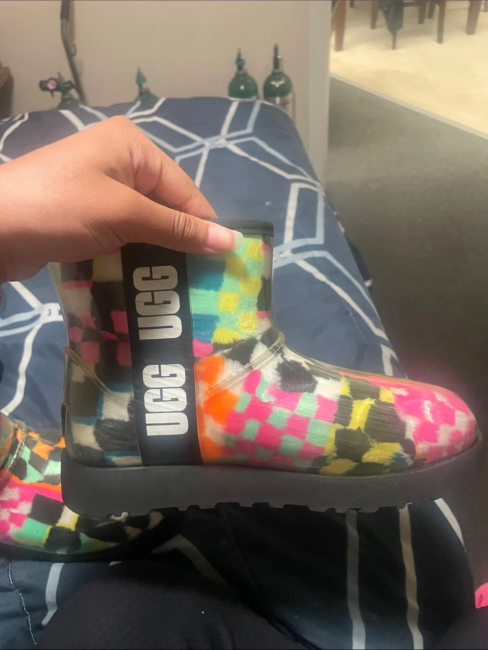 UGG Kids Multicolor Check Rain Boots - Pink, Orange, Yellow, Green, Blue